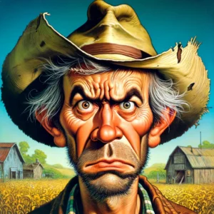 Farmer & Cowboy A close up, square headshot of a troubled and worn farmer cowboy in the style of Mad Magazine. The character has exaggerated, comical expressions show