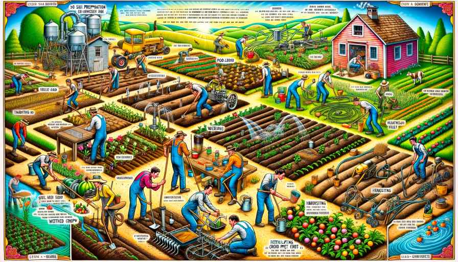 Farmer Tips UK A vibrant and detailed illustration in the style of Mad Magazine titled How to Guide for Farmers. The scene is divided into multiple sections